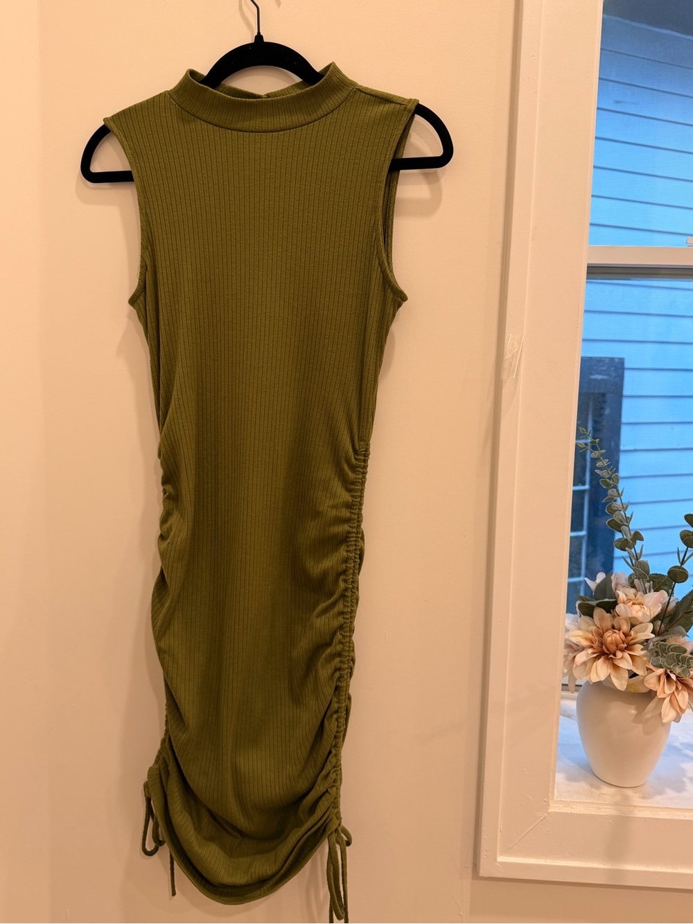 Lost + Wander Olive Ribbed Ruched Midi Dress